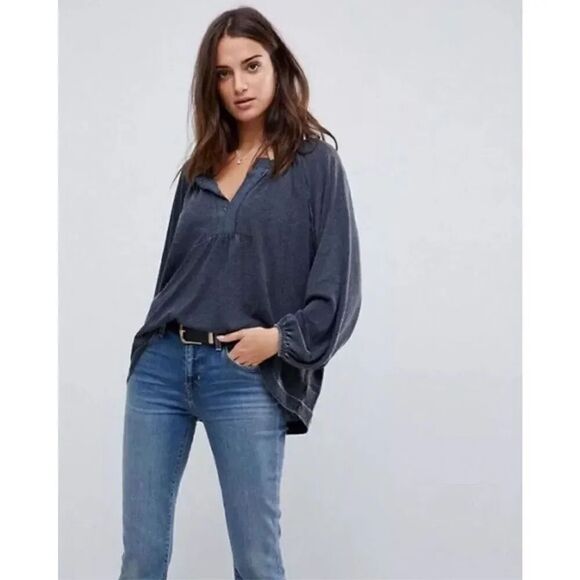 Free People Acadia Washed Black Long Sleeve Henley Top Size XS - Picture 2 of 10